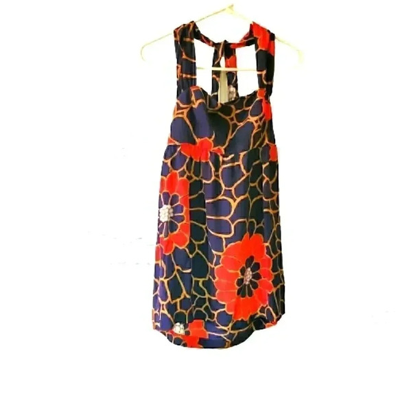 Tabitha by Anthropologie 100% silk halter blouse with red poppy print Size 0 - Picture 1 of 3